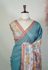 Muted Teal Blue - Isha - Chanderi Silk Saree Checks with Tiny Zari Border - Best for Office Wear | Casual Wear