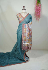 Muted Teal Blue - Isha - Chanderi Silk Saree Checks with Tiny Zari Border - Best for Office Wear | Casual Wear