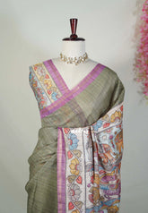 Olive Sage Green - Isha - Chanderi Silk Saree Checks with Tiny Zari Border - Best for Office Wear | Casual Wear