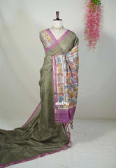 Olive Sage Green - Isha - Chanderi Silk Saree Checks with Tiny Zari Border - Best for Office Wear | Casual Wear