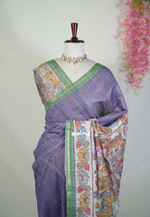 Muted Bluish Lavender - Isha - Chanderi Silk Saree Checks with Tiny Zari Border - Best for Office Wear | Casual Wear