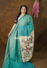 Teal Ombre Shade - Isha - Chanderi Silk with Gradient and Prints with Checks - Best for Office Wear
