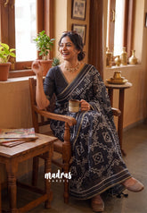 Jet Black - Pragathi - Linen Cotton Saree Geometric Prints with Tiny Border - Perfect for Office Wear | Summer wear | Casual Wear