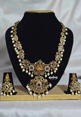 Premium 1 Gram Gold polish AD Stone Trendy Lakshmi Pendant Bridal long Necklace with Earrings