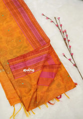 Mustard Yellow - Jute Banarasi saree with kantha stitch weaving border