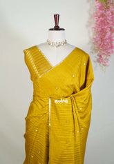 Mustard Yellow - Jute Tussar Silk Saree with Stripes Texture and Tissue Blouse - Best for Office Wear | Casual Wear