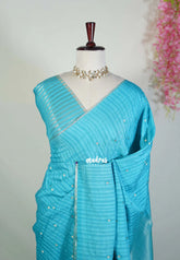 Teal Blue - Jute Tussar Silk Saree with Stripes Texture and Tissue Blouse - Best for Office Wear | Casual Wear