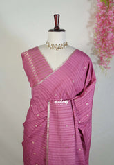 Mauve Pink - Jute Tussar Silk Saree with Stripes Texture and Tissue Blouse - Best for Office Wear | Casual Wear