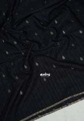 Jet Black - Jute Tussar Silk Saree with Stripes Texture and Tissue Blouse - Best for Small Functions
