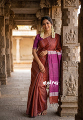 Brick Red - Jute Tussar Silk saree with 3D weaving body