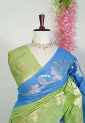 Lime Green & Royal Blue - Premium Jute Silk with Gradient Tone And Floral Jamdani Weaving - Perfect for Night Functions | Tea party