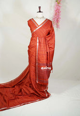 Brick Orange - Vadhanam - Jute Tussar Silk Saree with Zari Checks and Border - Best for Office Wear | Casual Wear