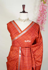 Brick Orange - Vadhanam - Jute Tussar Silk Saree with Zari Checks and Border - Best for Office Wear | Casual Wear