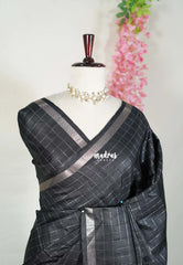 Ebony Black - Vadhanam - Jute Tussar Silk Saree with Zari Checks and Border - Best for Office Wear | Casual Wear