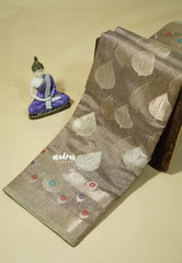 Taupe - Jute Tussar Silk saree with Leaf Buttas and Floral Border