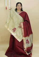 Majestic Maroon - Handmade jute tussar silk saree with handblock prints
