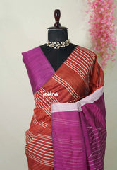 Brick Red - Jute Tussar Silk saree with 3D weaving body