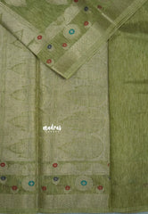Mild Olive Green - Jute Tussar Silk saree with Leaf Buttas and Floral Border