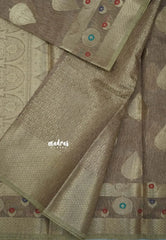 Taupe - Jute Tussar Silk saree with Leaf Buttas and Floral Border