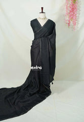 Black - Jute Tussar Silk Saree Kattam in Body with Plain Border