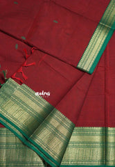 Reddish Maroon - Karthigai silk cotton Plain Getti zari with Stripes border - Best for Small Functions