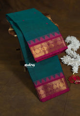 Teal Green - Karthigai silk cotton rudraksha with temple weaving border - Best for Wedding Functions