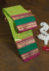 Light Green - Karthigai silk cotton with buttas annam small temple rettapet border - Best for Wedding Functions