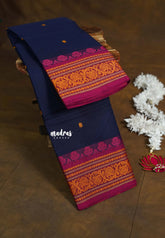 Midnight Blue - Karthigai silk cotton thread weaving floral border - Best for Festive Wear