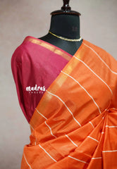 Rust orange - khadi silk contrast pallu with stripes weaving body