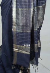 Midnight Blue - Khadi Silk Saree with Zari Checked Border - Best for Small Functions | Temple Visit