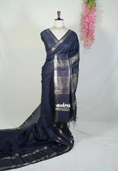 Midnight Blue - Khadi Silk Saree with Zari Checked Border - Best for Small Functions | Temple Visit