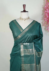 Emerald Green - Khadi Silk Saree with Zari Checked Border - Best for Small Functions | Temple Visit
