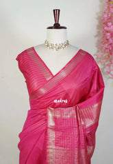 Raspberry Pink - Khadi Silk Saree with Zari Checked Border - Best for Small Functions | Temple Visit