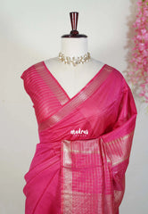 Raspberry Pink - Khadi Silk Saree with Zari Checked Border - Best for Small Functions | Temple Visit
