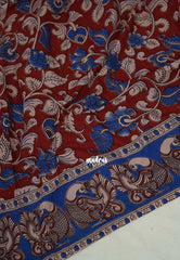 Dark Red - Traditional Kalamkari Cotton Saree with Peacock Print Border - Best for Office Wear | Casual Wear