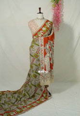 Beige with Green - Traditional Kalamkari Cotton Saree with Ambari Elephant Border - Best for Office Wear | Casual Wear
