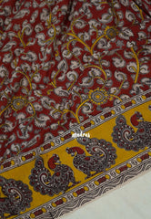 Dark Red - Traditional Kalamkari Cotton Saree with Peacock Border - Best for Office Wear | Casual Wear