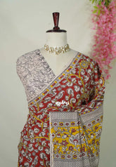 Dark Red - Traditional Kalamkari Cotton Saree with Peacock Border - Best for Office Wear | Casual Wear