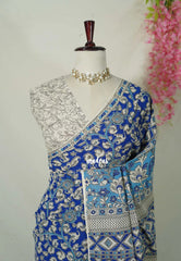 Ink Blue - Traditional Kalamkari Cotton Saree with Peacock Border- Best for Office Wear | Casual Wear