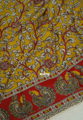 Marigold Yellow - Traditional Kalamkari Cotton Saree with Peacock Border- Best for Office Wear | Casual Wear