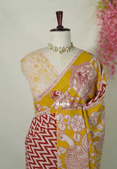 Ivory with Red - Traditional Kalamkari Cotton Saree with Ambari Border- Best for Office Wear | Casual Wear