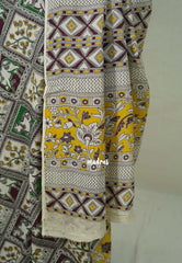 Ivory Cream with Green - Traditional Kalamkari Cotton Saree with Pichwai Cow Prints - Best for Office Wear | Casual Wear