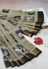 Purple checks - Kalamkari Chennuri Silk Saree with Nizam Zari Border traditional gods prints