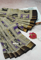 Purple checks - Kalamkari Chennuri Silk Saree with Nizam Zari Border traditional gods prints