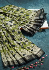 Chutney Green - Kalanjali chanderi Printed silk with kalamkari floral prints