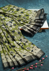 Chutney Green - Kalanjali chanderi Printed silk with kalamkari floral prints