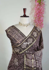 Muted Chocolate Brown - Kalanjali Chanderi Silk with Zari Weaving and Handblock Prints - Perfect for Regular Wear | Casual Wear | Summer Wear