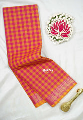 Orange with Pink - Classic Kanchi Cotton Kandangi Checks Floral Zari Border without Blouse - Best for Temple Visit