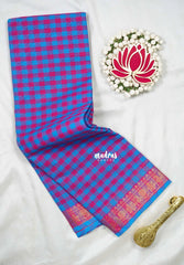 Blue with Pink - Classic Kanchi Cotton Kandangi Checks Mayil Zari Border without Blouse - Best for Temple Visit