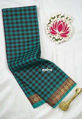 Teal with Brown - Classic Kanchi Cotton Kandangi Checks Mayil Zari Border without Blouse - Best for Temple Visit